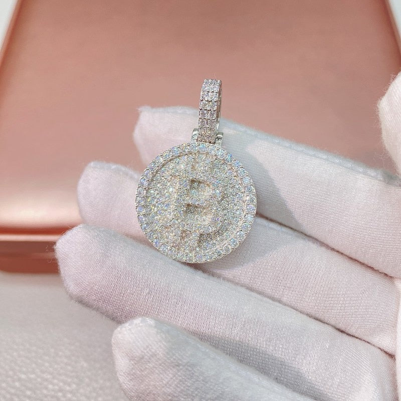 Hiphop Iced Moissanite Bitcoin Pendant 925 Sterling Silver D Color Moissanite Diamond Pendant Necklace 16k Gold Plated Pass Test