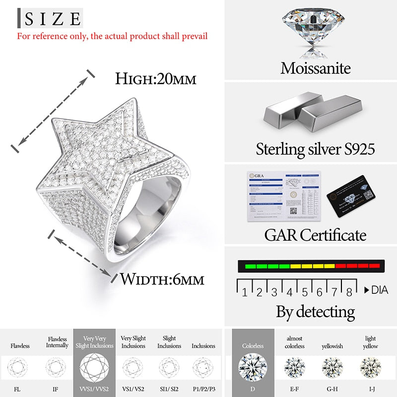 VVS1 With Certificate Moissanite Star Rings 925 Sterling Silver