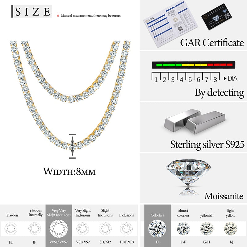 8mm-10mm VVS1 Moissanite Tennis Necklace S925 Sterling Silver Necklace/Bracelet