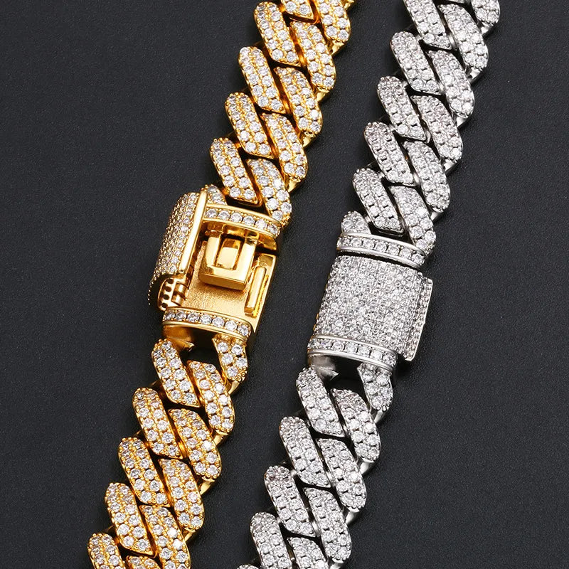 S925 Sterling Silver 5A+ CZ Stone Paved 14mm Rhombus Cuban Link Chain N