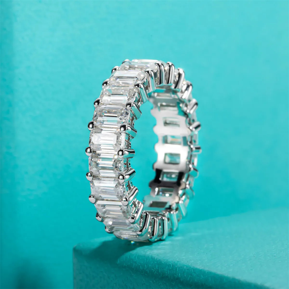 3-5mm 6.3cttw D Color Emerald Moissanite Eternity Ring 925 Sterling Silver