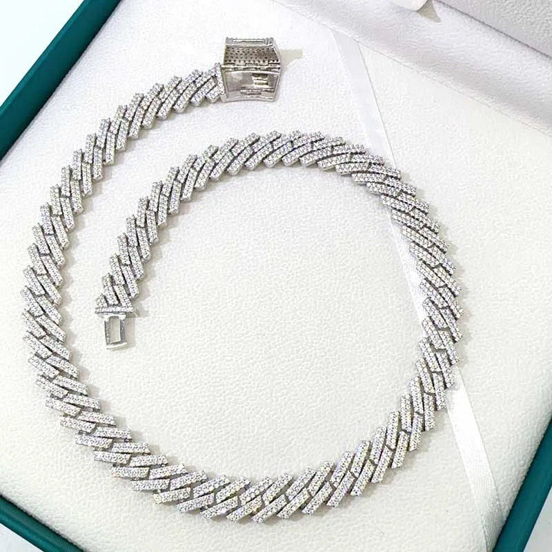 12MM Iced Moissanite Cuban Necklace 925 Sterling Silver