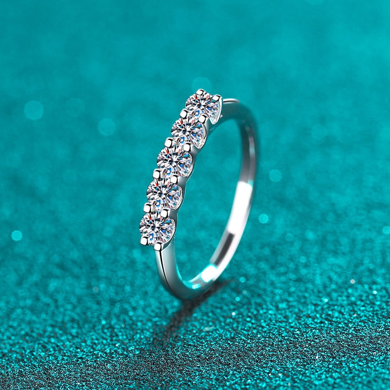 3MM Sterling Silver 0.5CT Moissanite Half Eternity Wedding Band Ring 5 Stone Round Brilliant Cut Engagement Ring Set