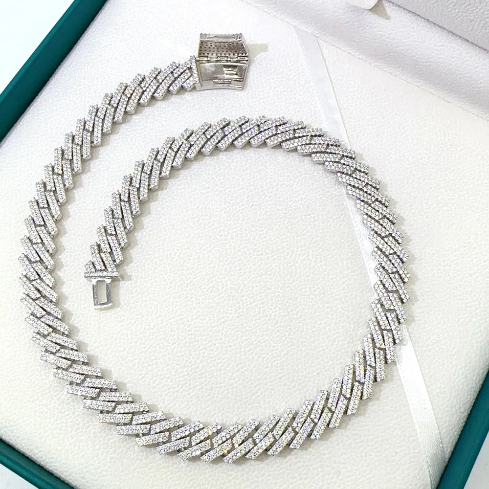 12mm Moissanite Necklace S925 Silver Iced Out Cuban Chain