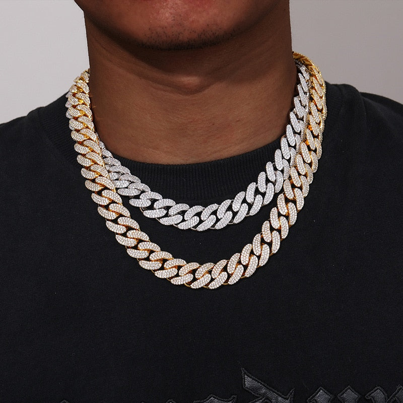 3 Row CZ Stone Paved Bling Iced Out 15mm Round Cuban Miami Link Chain