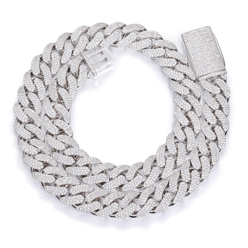 3 Row CZ Stone Paved Bling Iced Out 15mm Round Cuban Miami Link Chain