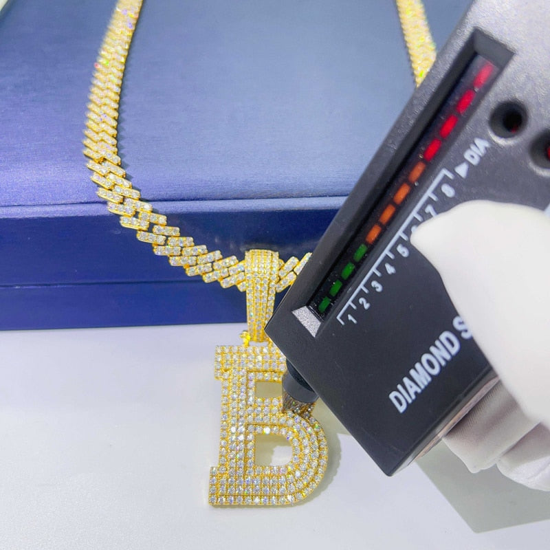 Iced Out Moissanite B Letter Pendant S925 Silver 14k Gold Plated Pass Tester