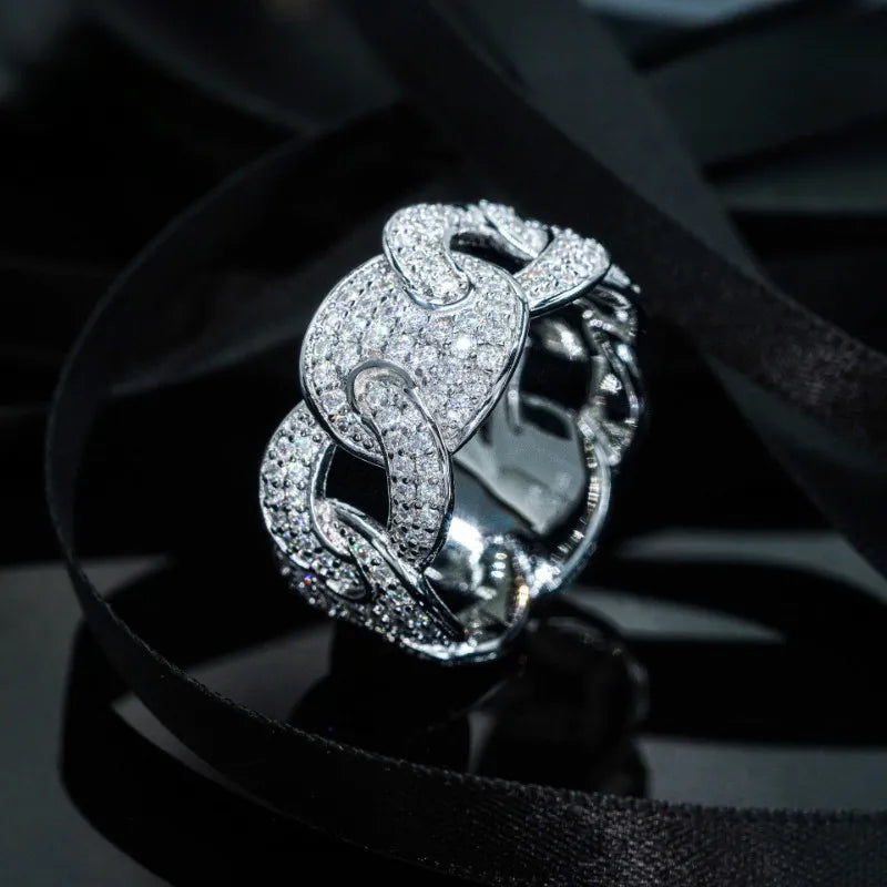 Moissanite Diamond Cuban Link Ring Silver 925