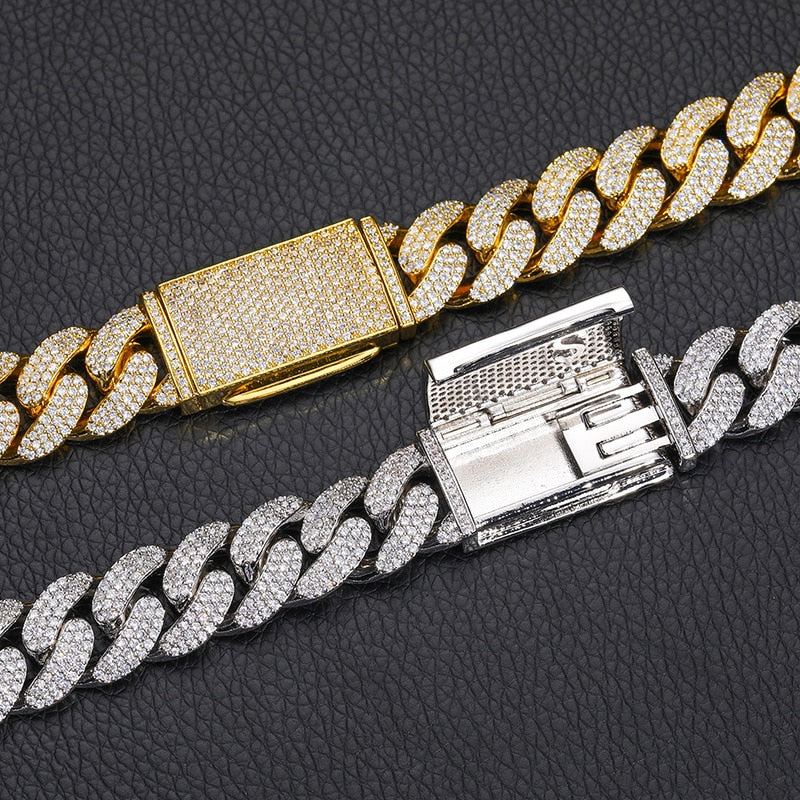 3 Row CZ Stone Paved Bling Iced Out 15mm Round Cuban Miami Link Chain