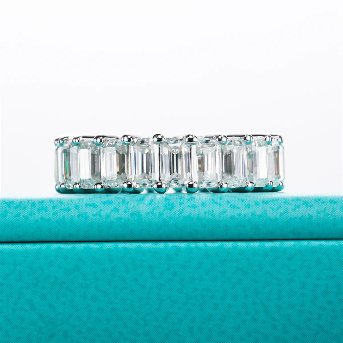 3-5mm 6.3cttw D Color Emerald Moissanite Eternity Ring 925 Sterling Silver