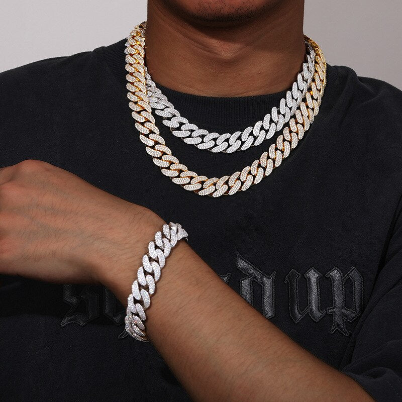 3 Row CZ Stone Paved Bling Iced Out 15mm Round Cuban Miami Link Chain