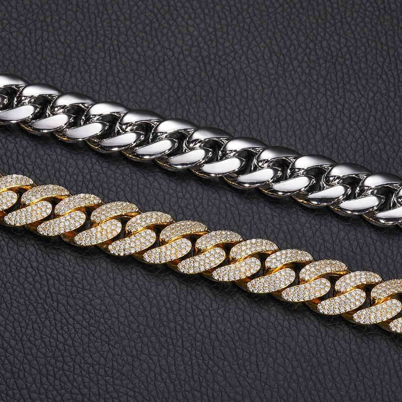 3 Row CZ Stone Paved Bling Iced Out 15mm Round Cuban Miami Link Chain