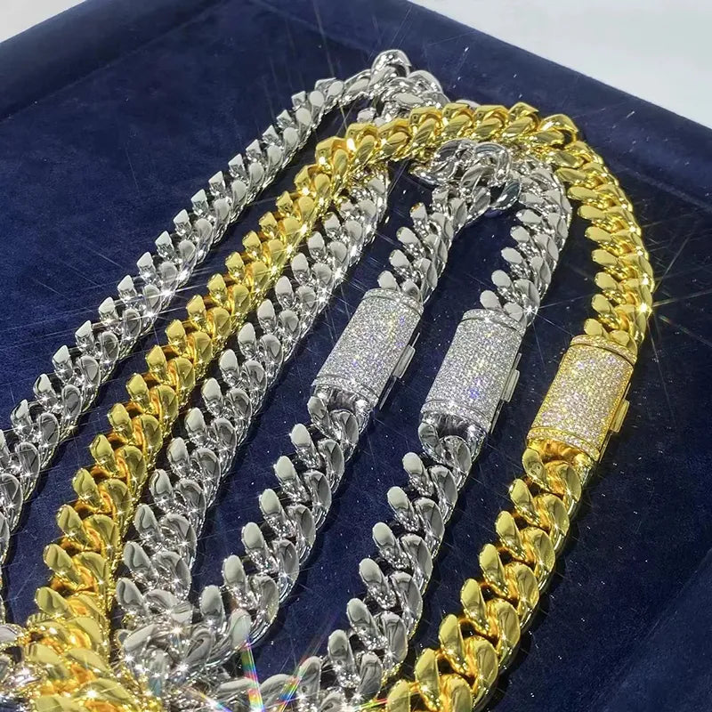 12-14mm Stainless Steel Men Cuban Necklace Pave Moissanite Silver Buckle Chain