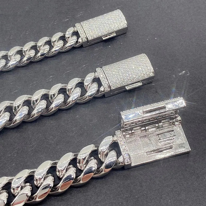 8-10mm Stainless Steel Cuban Chain Necklace Pave Silver Moissanite
