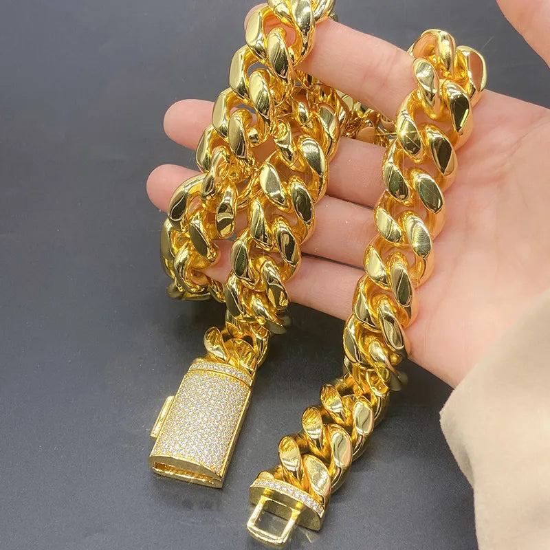 12-14mm Stainless Steel Men Cuban Necklace Pave Moissanite Silver Buckle Chain