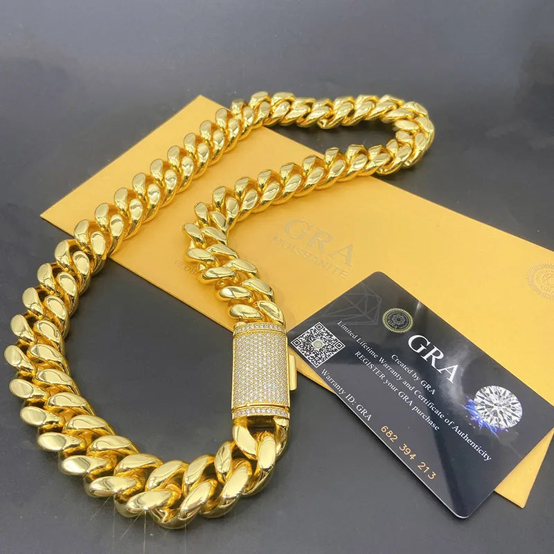 12-14mm Stainless Steel Men Cuban Necklace Pave Moissanite Silver Buckle Chain