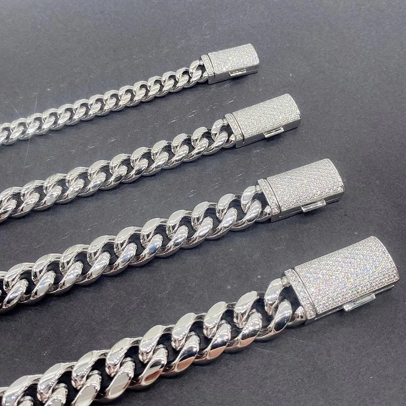 8-10mm Stainless Steel Cuban Chain Necklace Pave Silver Moissanite