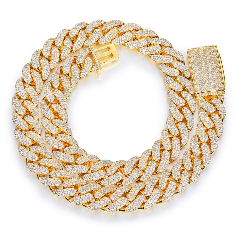 3 Row CZ Stone Paved Bling Iced Out 15mm Round Cuban Miami Link Chain