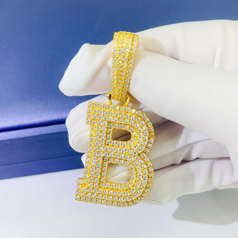 Iced Out Moissanite B Letter Pendant S925 Silver 14k Gold Plated Pass Tester