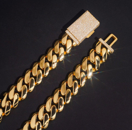 16mm hand made 18k Gold plated - 925 silver Cuban with Moissanite lock