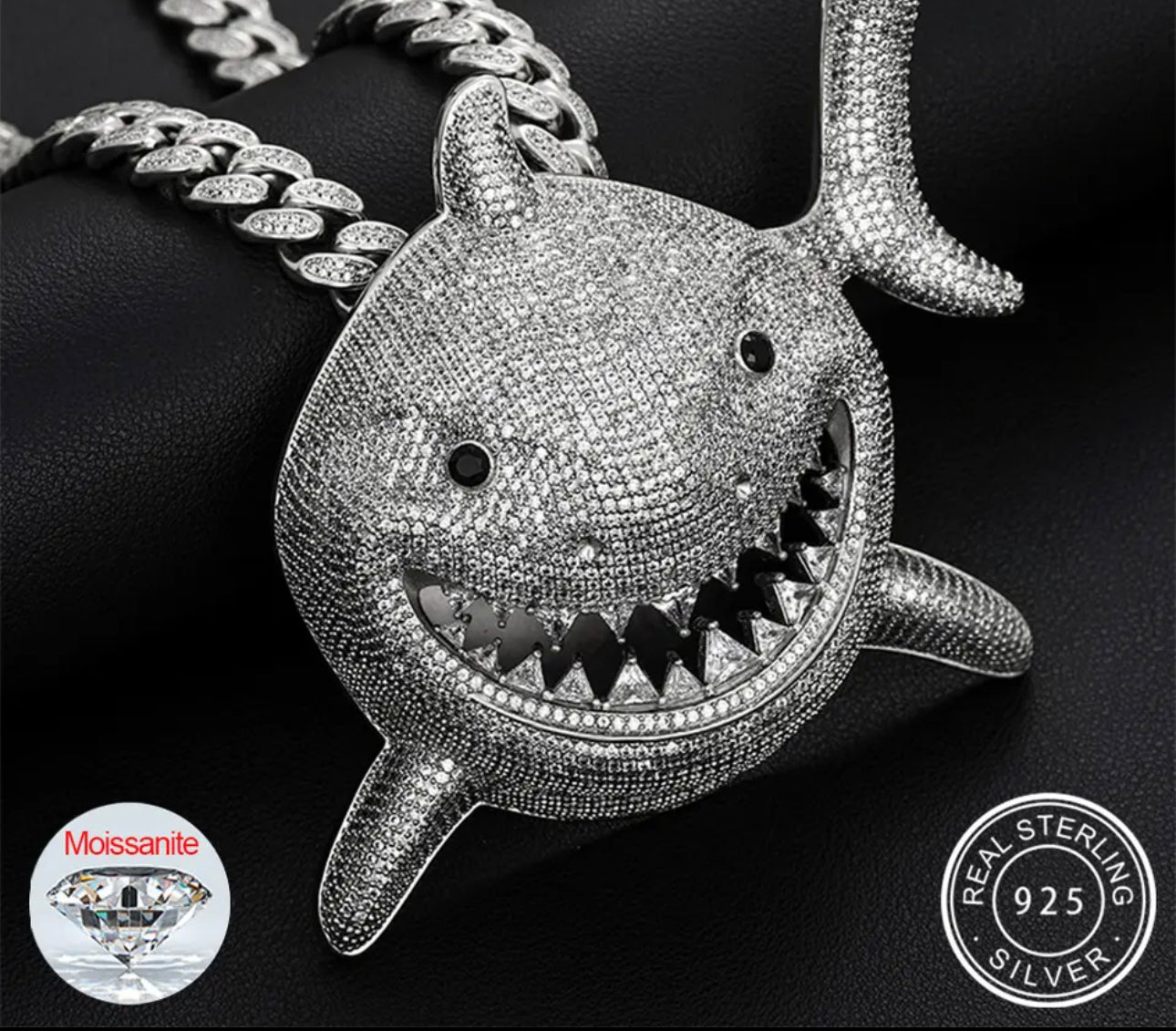 VVS Moissanite Shark Pendant 925 Silver with 18mm Moissanite Cuban Chain