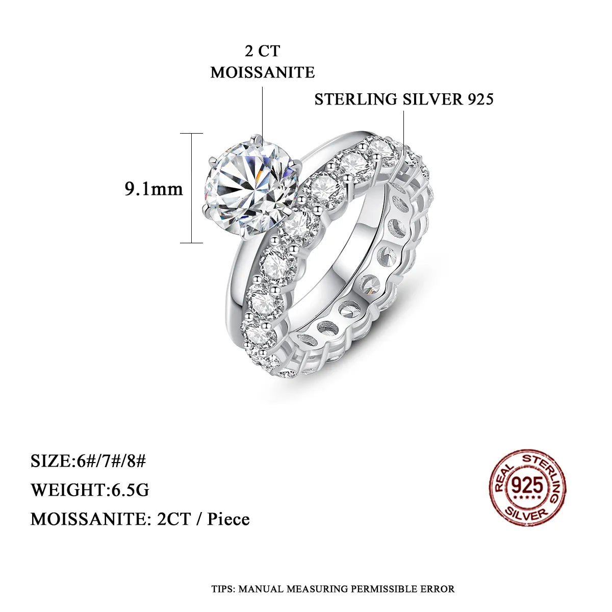 2Ct Moissanite Ring Set Luxury Stackable Big Diamond Silver 925
