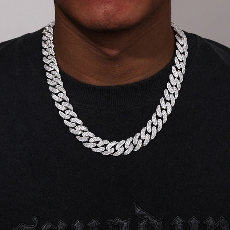 3 Row CZ Stone Paved Bling Iced Out 15mm Round Cuban Miami Link Chain