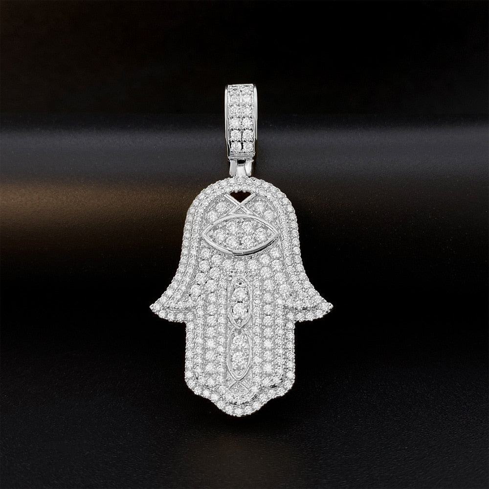 Iced Out CZ Fatima Hand Pendant Plated 16k Gold