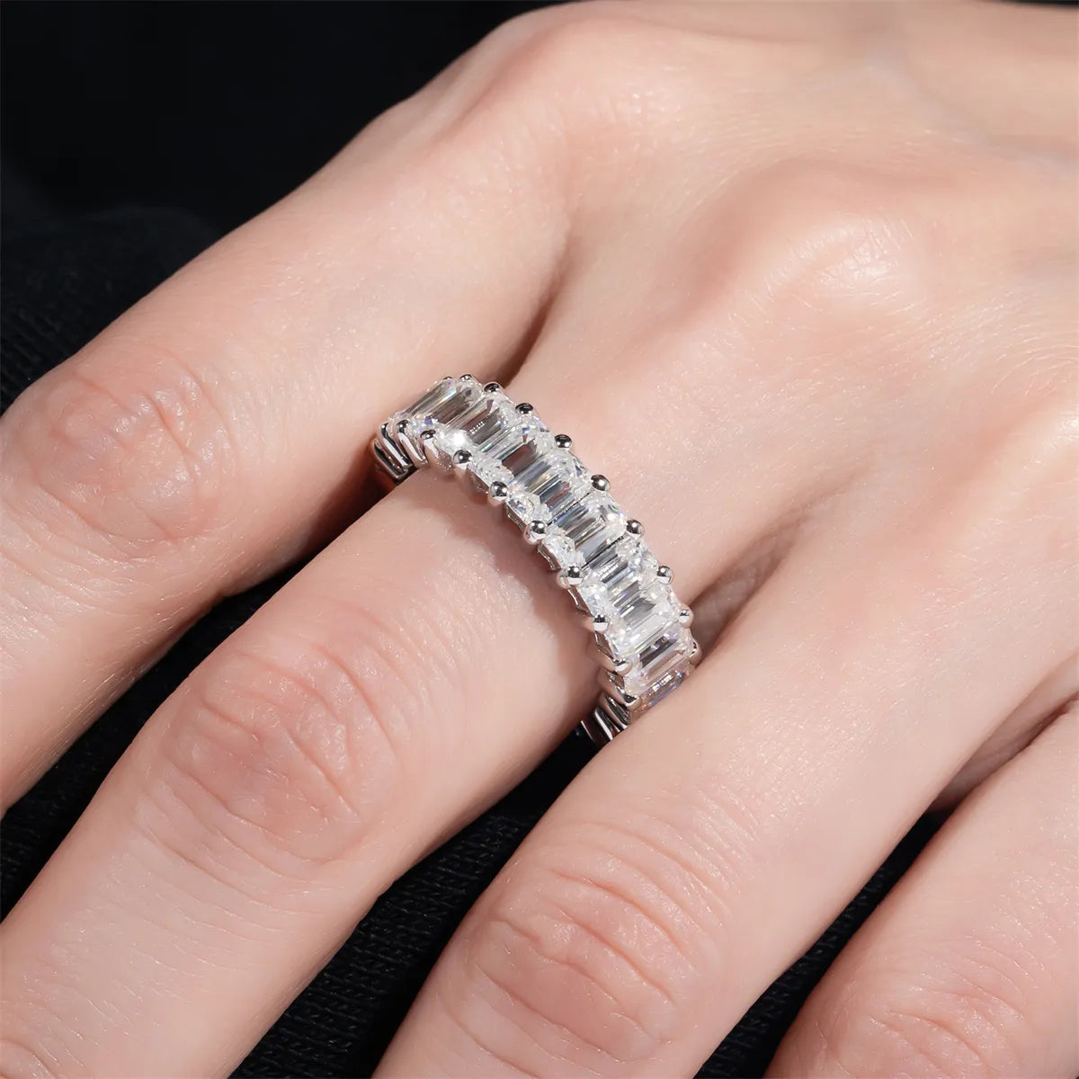 3-5mm 6.3cttw D Color Emerald Moissanite Eternity Ring 925 Sterling Silver