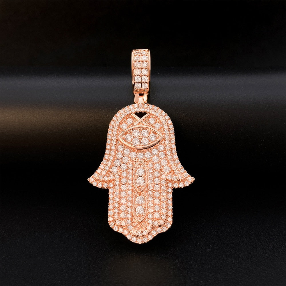 Iced Out CZ Fatima Hand Pendant Plated 16k Gold
