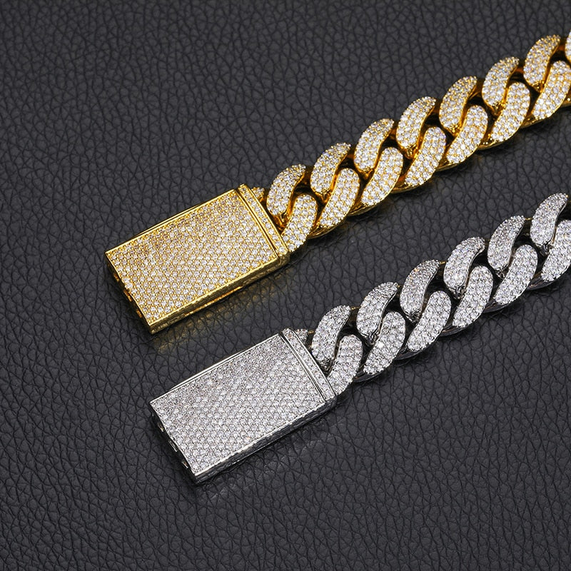 3 Row CZ Stone Paved Bling Iced Out 15mm Round Cuban Miami Link Chain